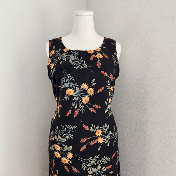 Vintage 90s Kathie Lee Black Yellow Floral Maxi Dress Sleeveless 10 - Picture 2 of 10